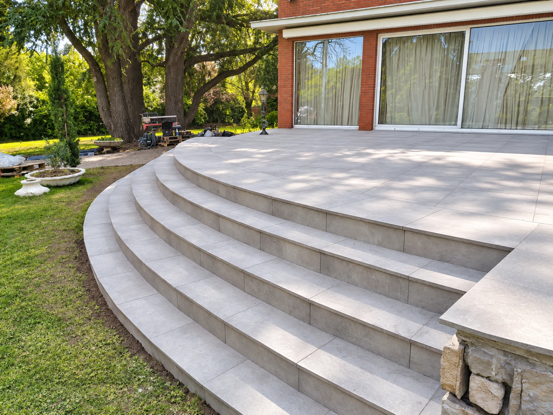 Escalier extérieur arrondi et terrasse réalisés par Rénovision
