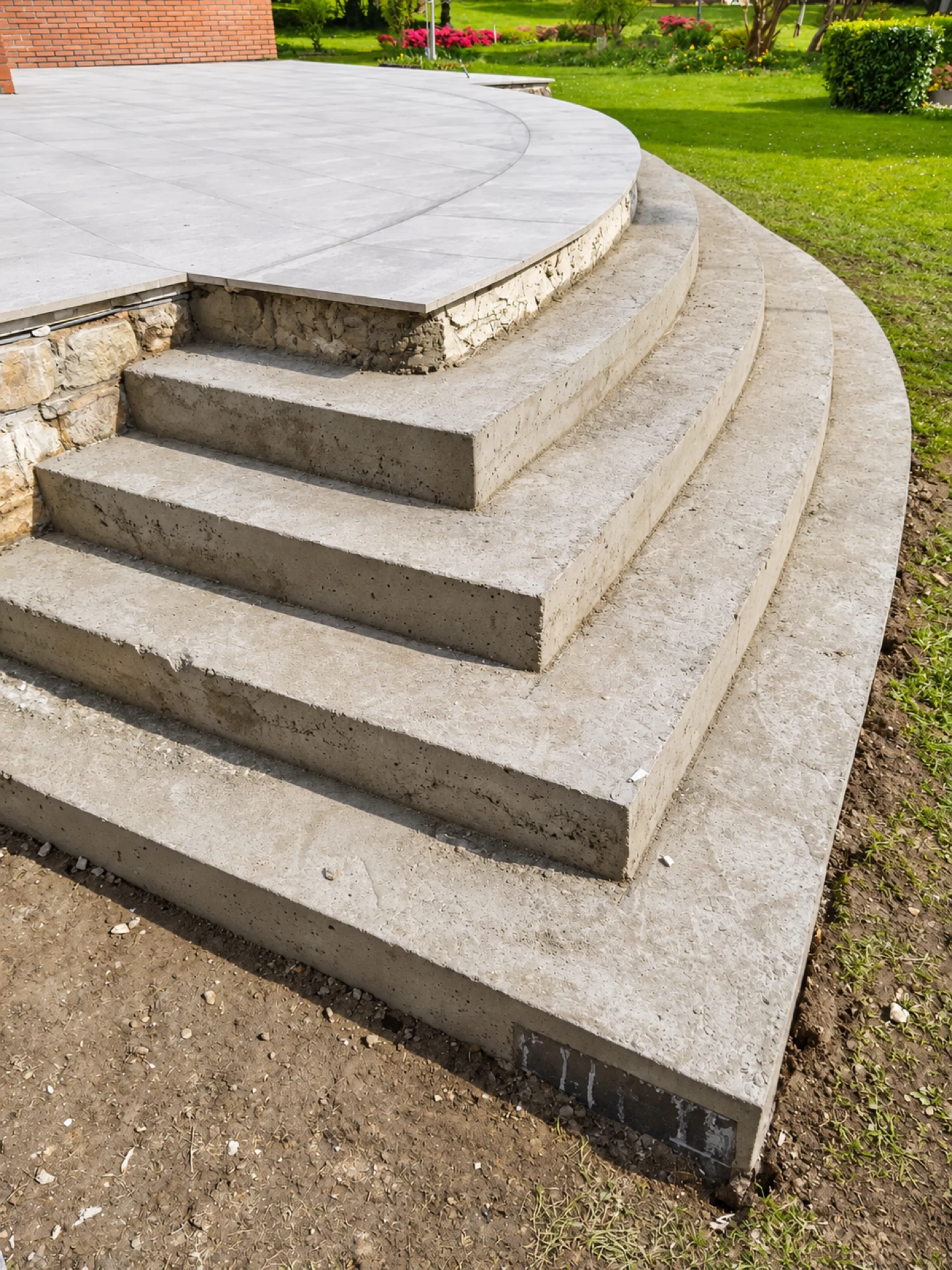 Marches d’un escalier arrondi en béton, avant la pose des dalles